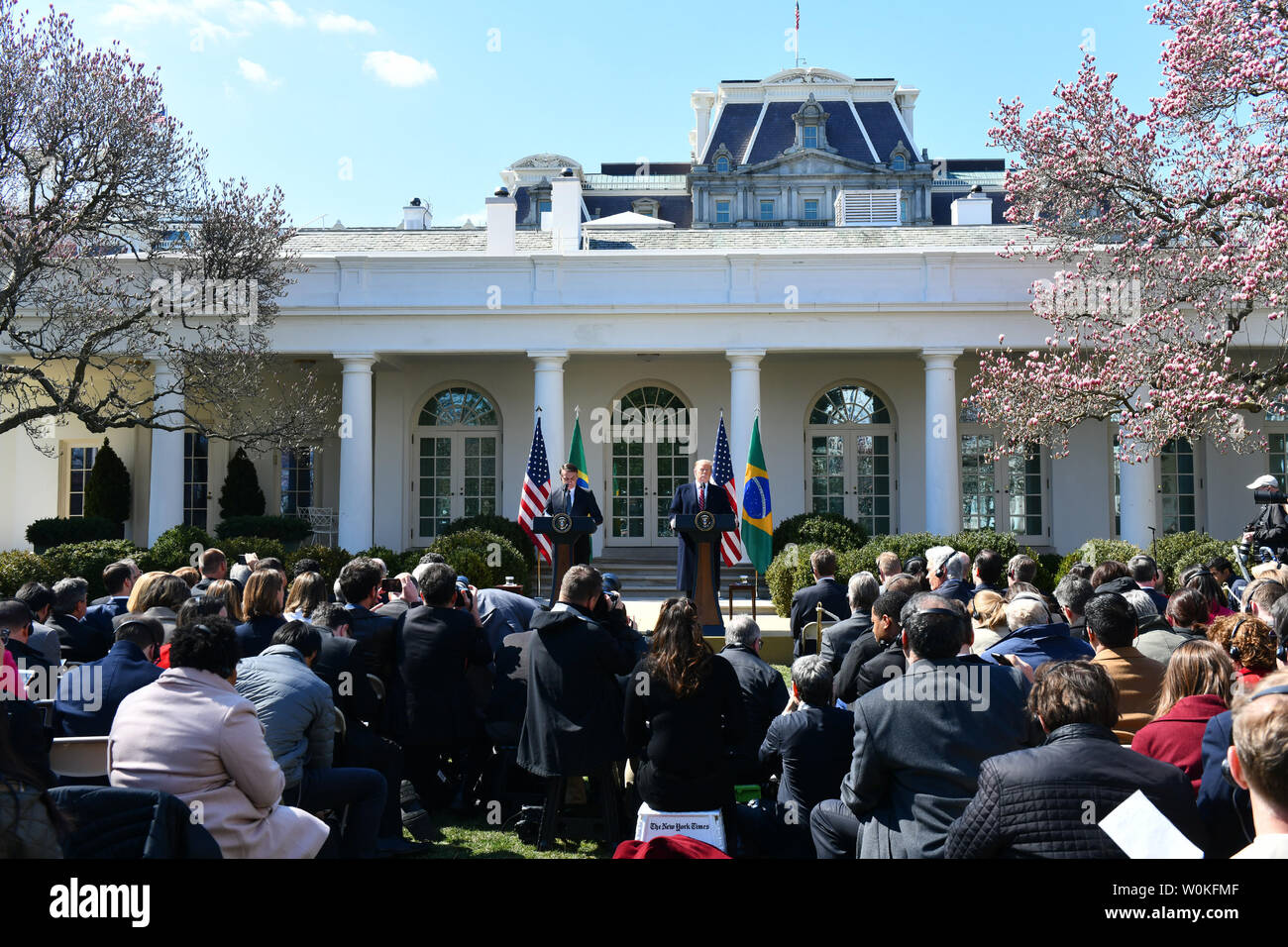President Donald Trump speaks at a joint press conference with Brazilian President Jair Bolsonaro in the Rose Garden at the White House in Washington, DC on March 19, 2019.          Photo by Pat Benic/UPI Stock Photo