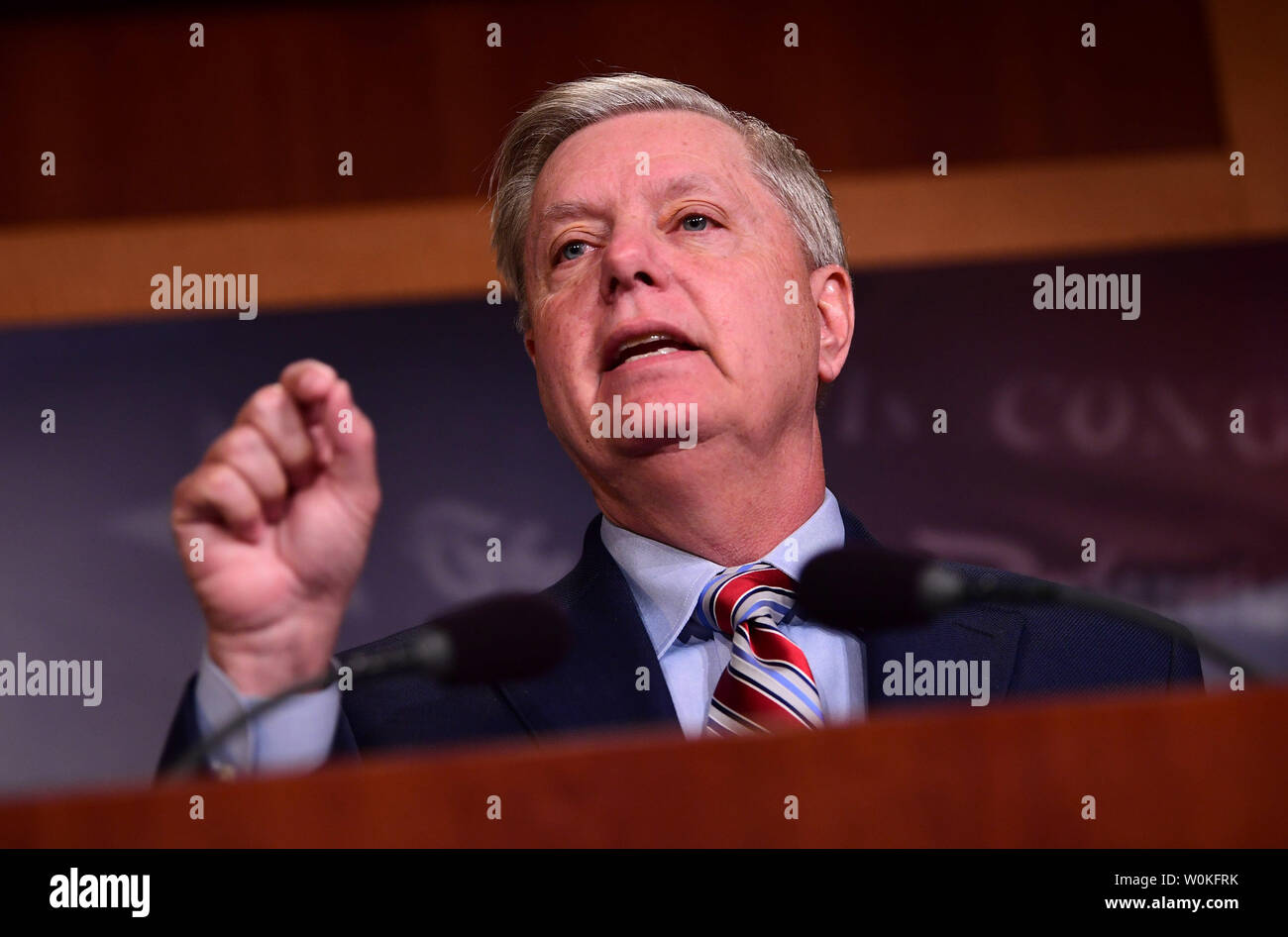 Sen. Lindsey Graham, R-S.C., speaks to the media on Special Counsel Robert Mueller's report into potential collusion between the Trump campaign and Russia, on Capitol Hill in Washington, D.C. on March 25 2019. The Muller Report was released to the Justice Department on Friday and, according to a letter released by Attorney General Barr, said there was no evidence that the Trump campaign conspired or coordinated with Russia in the 2016 presidential election. Photo by Kevin Dietsch/UPI Stock Photo