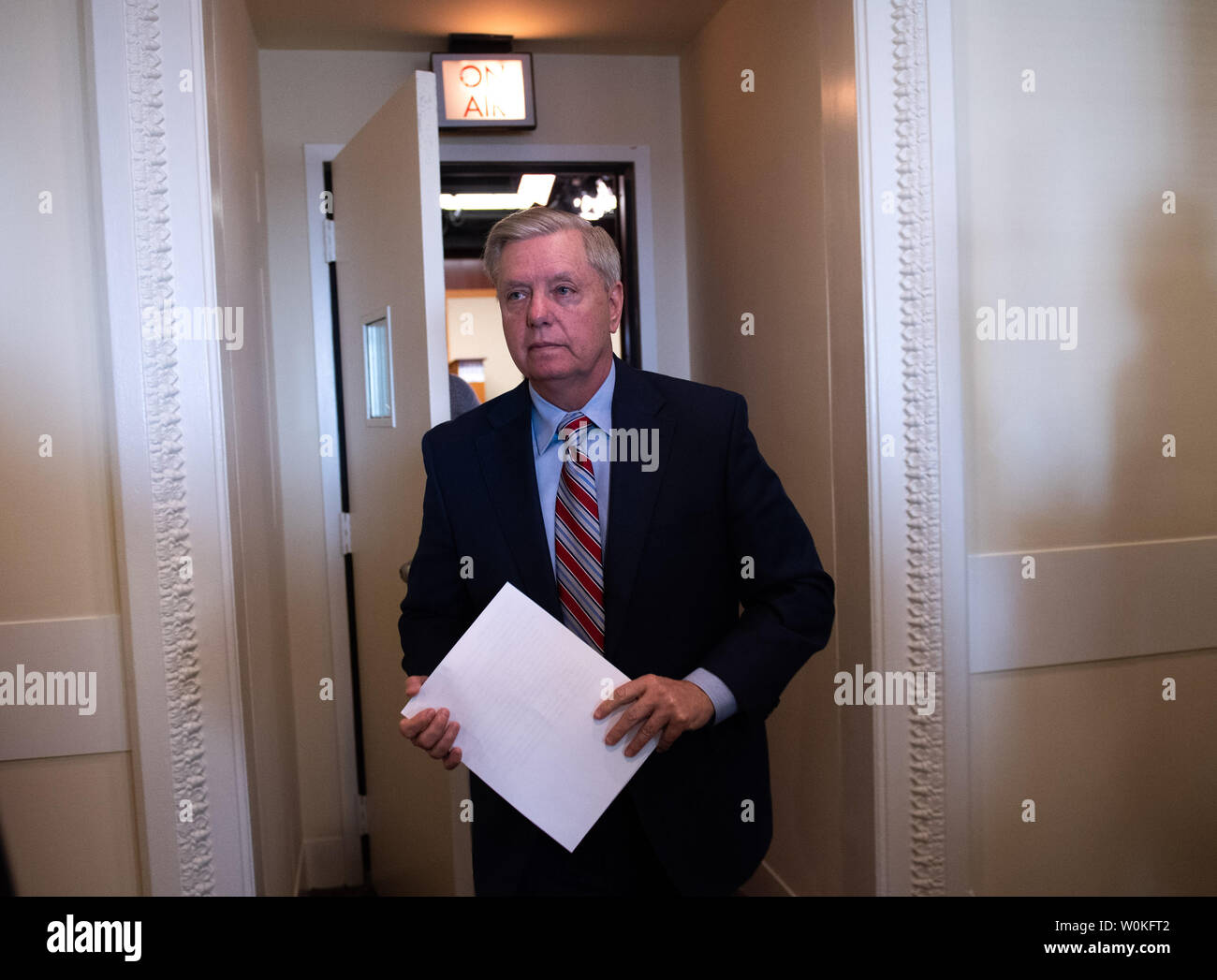 Sen. Lindsey Graham, R-S.C., leaves after speaking to the media on Special Counsel Robert Mueller's report into potential collusion between the Trump campaign and Russia, on Capitol Hill in Washington, D.C. on March 25 2019. The Muller Report was released to the Justice Department on Friday and, according to a letter released by Attorney General Barr, said there was no evidence that the Trump campaign conspired or coordinated with Russia in the 2016 presidential election. Photo by Kevin Dietsch/UPI Stock Photo