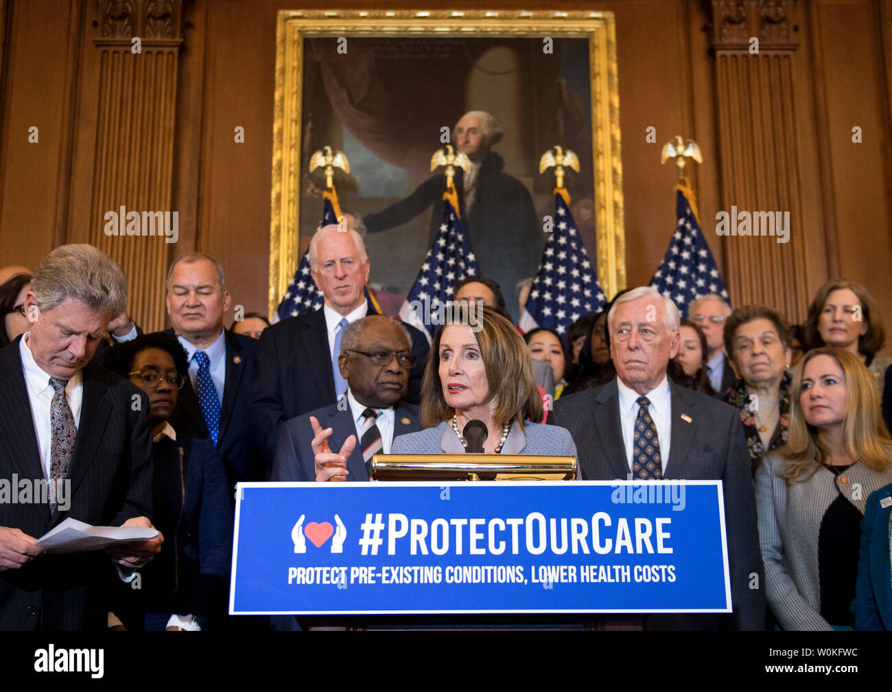 Speaker of the House Nancy Pelosi, D-CA, speaks at a press conference on introducing the Protecting Pre-existing Conditions and Making Health Care More Affordable Act of 2019, that aims to protect the coverage of pre-existing conditions which was recently challenged in the court systems, on Capitol Hill in Washington, D.C. on March 26, 2019. Photo by Kevin Dietsch/UPI Stock Photo
