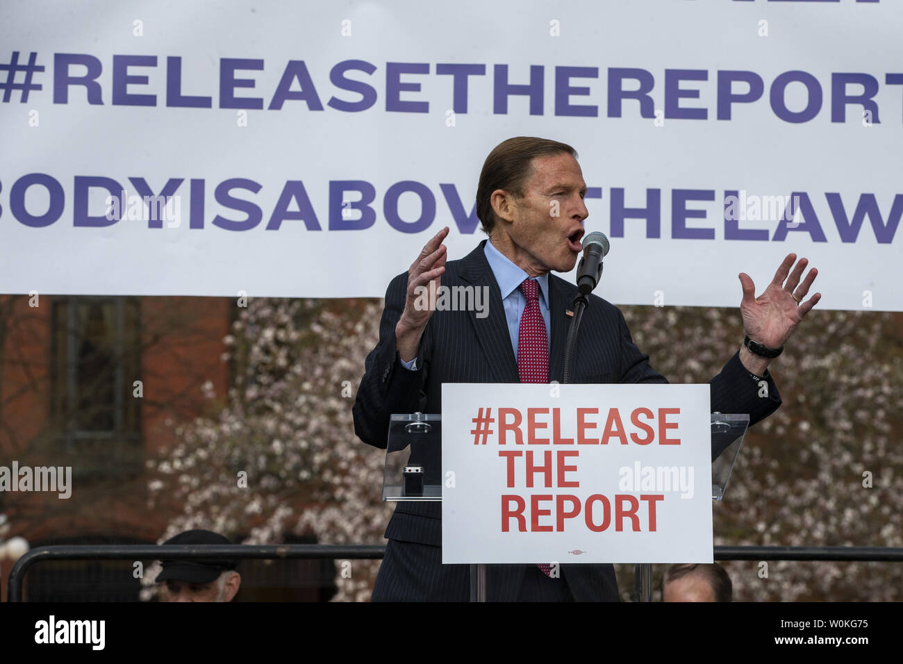 Sen. Richard Blumenthal (D-Conn.) speaks during a rally to demand to release the full report from Special Counsel Robert Mueller's Report in front of the White House on April 4, 2019 in Washington, D.C.  Event organizers say 'Barr's 4-page, partisan summary of the Mueller report is totally unacceptable'; and 'the people deserve to see Mueller's hundreds of pages of findings in full - and as much of the underlying evidence as possible.'     Photo by Tasos Katopodis/UPI Stock Photo