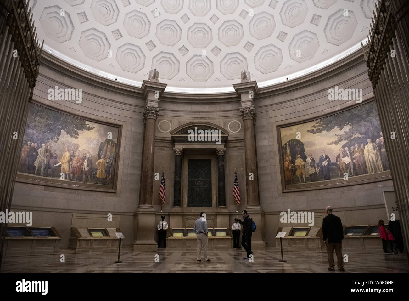 The rotunda of the National Archives Museum that houses various historical documents of the United States is shown in Washington, DC on April 15, 2019.  The Constitution, Bill of Rights, Declaration of Independence and others can be seen in the rotunda.  The two Barry Faulkner murals of 1933 and 1936 are the Declaration at left and Constitution at right.     Photo by Pat Benic/UPI Stock Photo