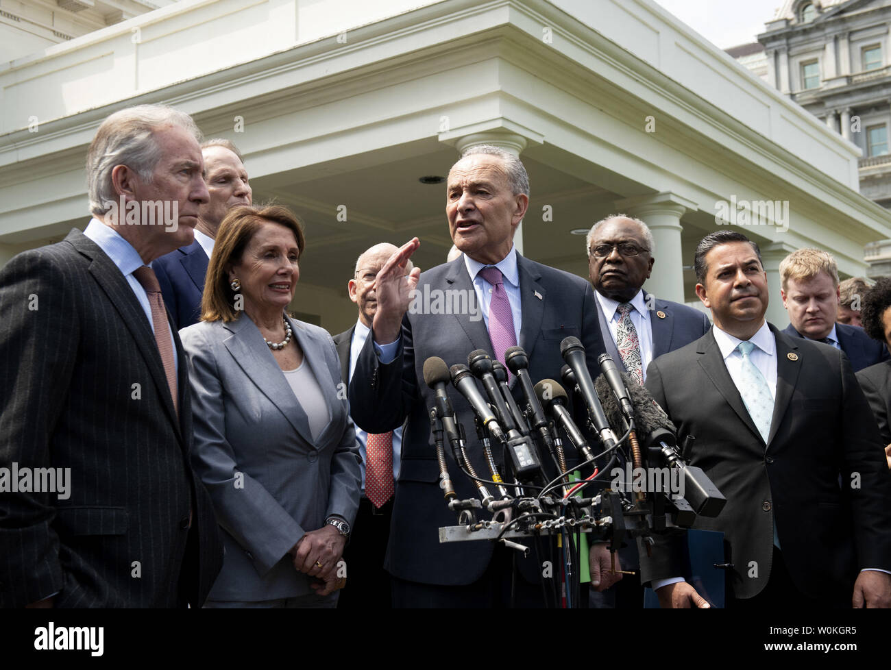 Senate Minority Leader Chuck Schumer and Speaker of the House Nancy Pelosi talk to reporters with other Democratic leaders after meeting President Donald Trump at the White House in Washington on April 30, 2019.  Democrat congressional leaders met with Trump on a possible two trillion dollar infrastructure legislation.    Photo by Pat Benic/UPI Stock Photo