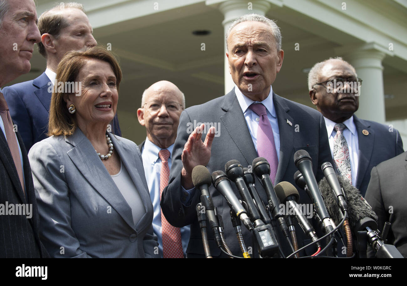 Speaker of the House Nancy Pelosi and Senate Minority Leader Chuch Schumer talk with reporters outside the West Wing of the White House after meeting President Donald Trump in Washington on April 30, 2019.  Democrat congressional leaders met with Trump on possible two trillion dollar infrastructure legislation.    Photo by Pat Benic/UPI Stock Photo