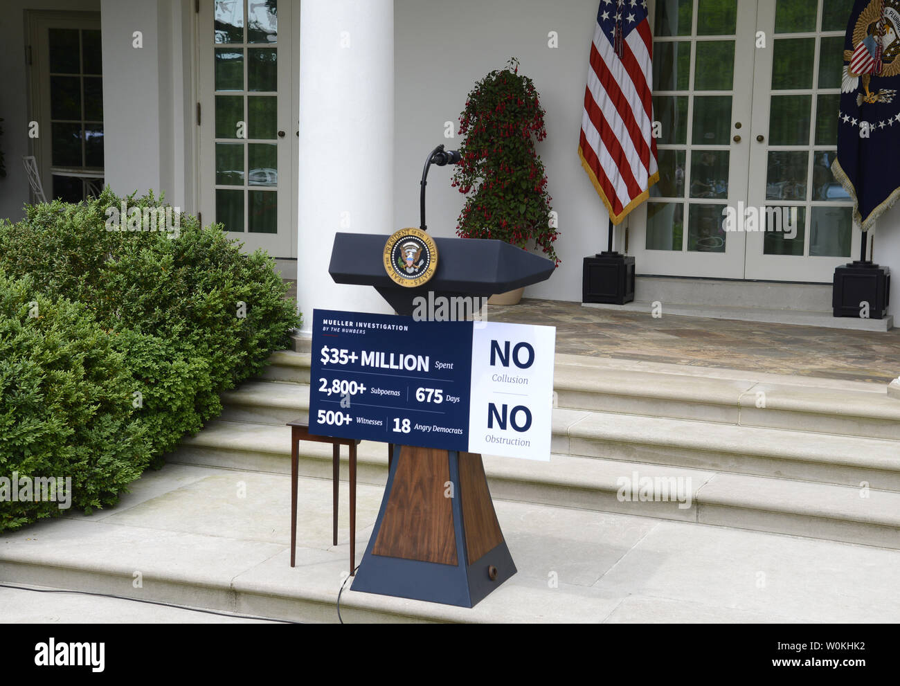 The lecturn with a poster awaits the arrival of President Donald Trump for remarks to the press in the Rose Garden of the White House, Washington, DC, May 22, 2019. A scheduled meeting to discuss infrastructure programs broke down according to Trump when Democratic leaders brought up the Special Counsel Mueller investigation.                       Photo by Mike Theiler/UPI Stock Photo