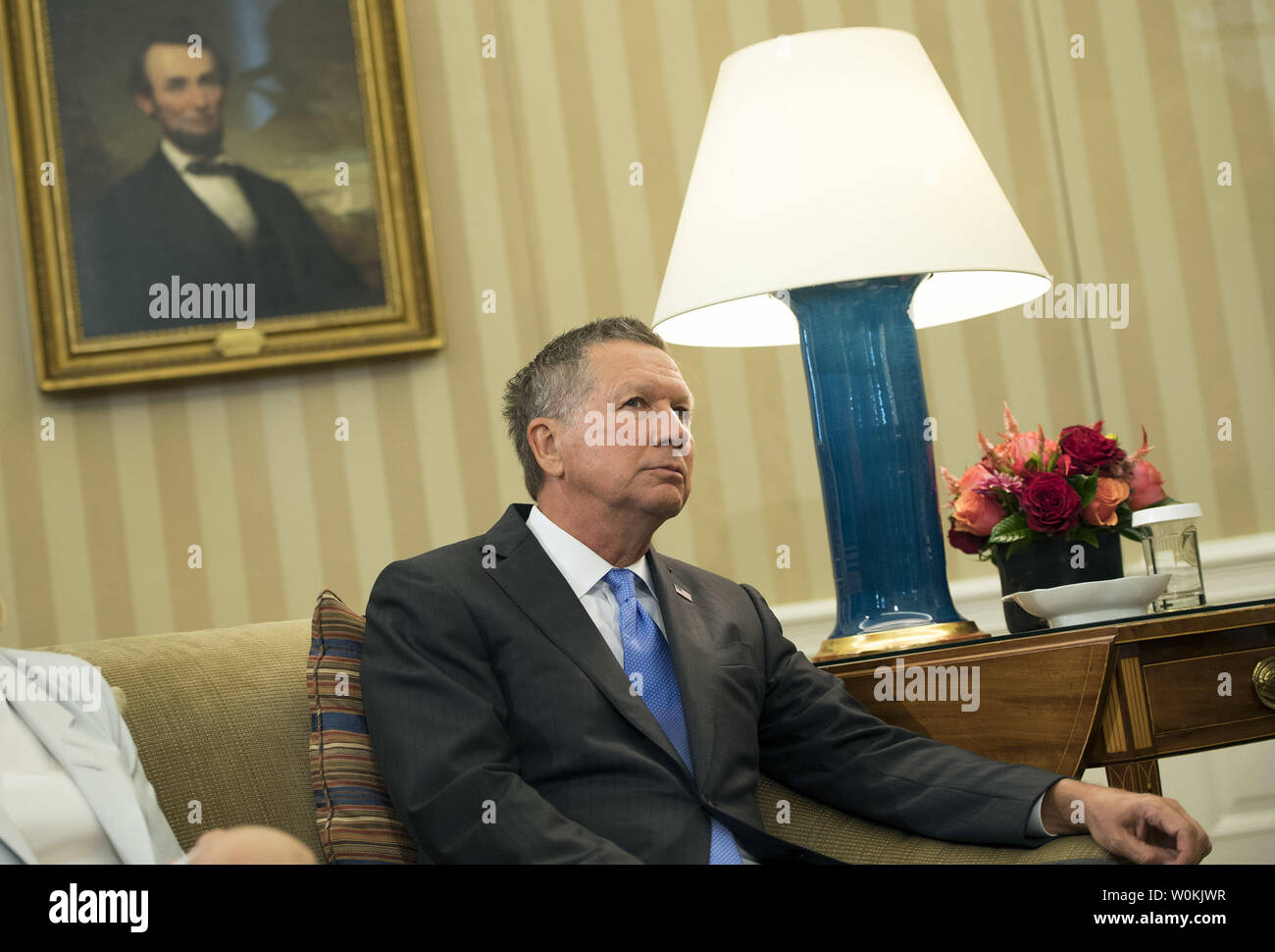 John Kasich, Governor of Ohio, attends a meeting with President Barack Obama and other business, government, and national security leaders to discuss the Trans-Pacific Partnership, in the Oval Office at the White House in Washington, D.C. on September 16, 2016. Photo by Kevin Dietsch/UPI Stock Photo