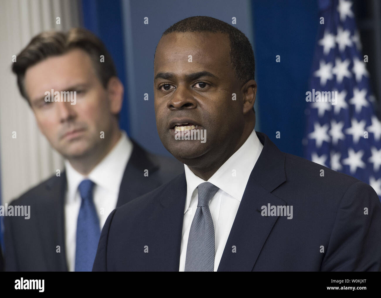 Atlanta Mayor Kasim Reed, joined by White House Press Secretary Josh Earnest, speaks to the press on the Trans-Pacific Partnership following a meeting with President Barack Obama at the White House in Washington, D.C. on September 16, 2016. Photo by Kevin Dietsch/UPI Stock Photo