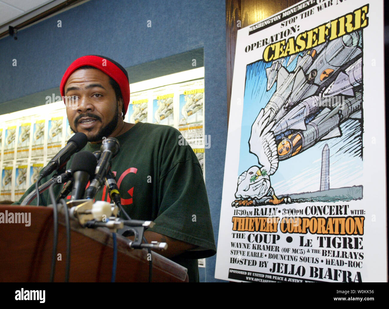 A recording artist Head-Roc speaks at a news conference at the National Press building in Washington, August 10, 2005. United for Peace and Justice holds a news conference to announce a concert, 'Operation Ceasefire,' to help raise awareness of the situation facing American soldiers in Iraq. (UPI Photo/Yuri Gripas) Stock Photo