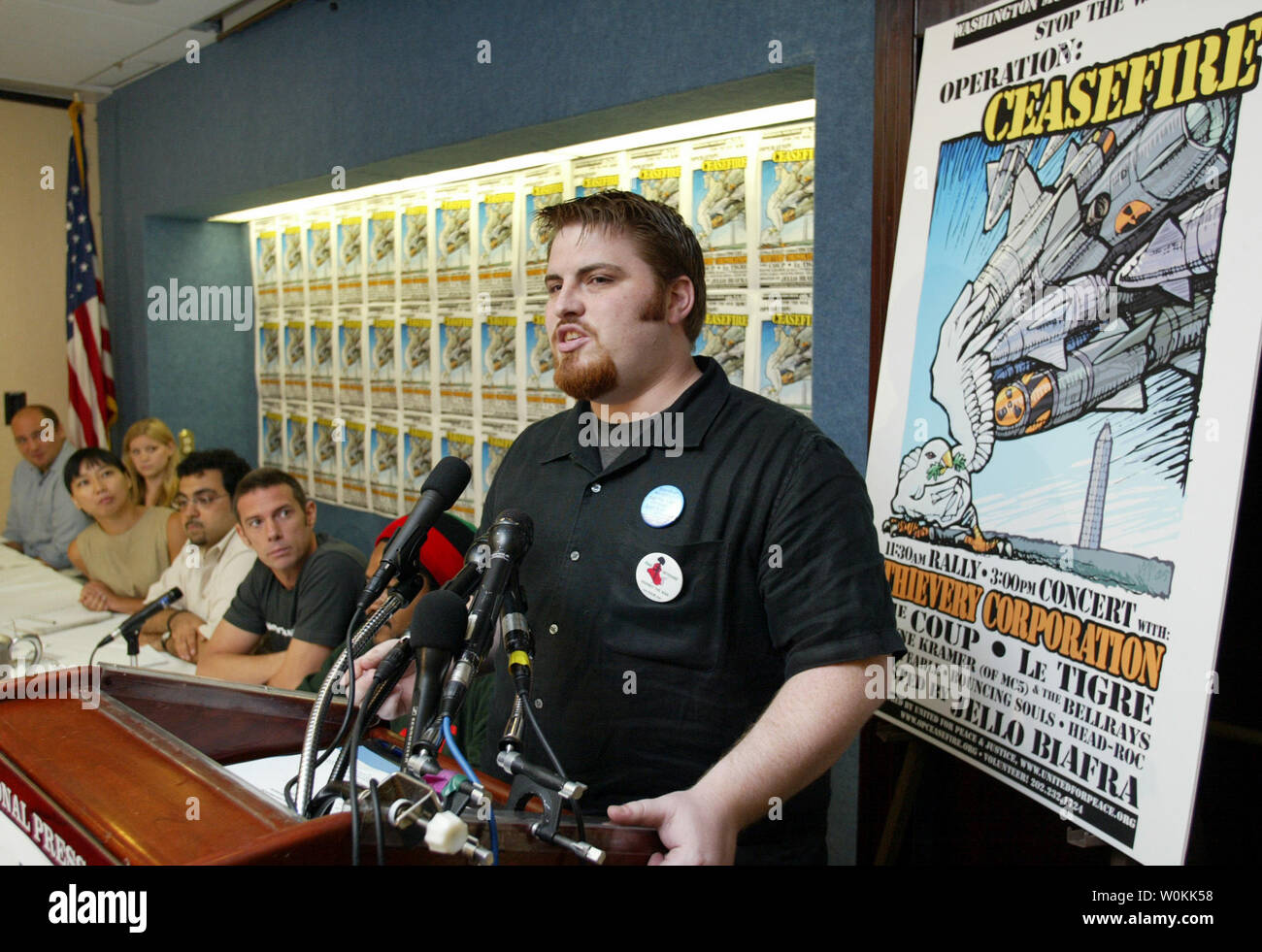 Iraq Veterans Against the War activist Michael Hoffman speaks at a joint news conference at the National Press building in Washington, August 10, 2005. United for Peace and Justice holds a news conference to announce a concert, 'Operation Ceasefire,' to help raise awareness of the situation facing American soldiers in Iraq. (UPI Photo/Yuri Gripas) Stock Photo