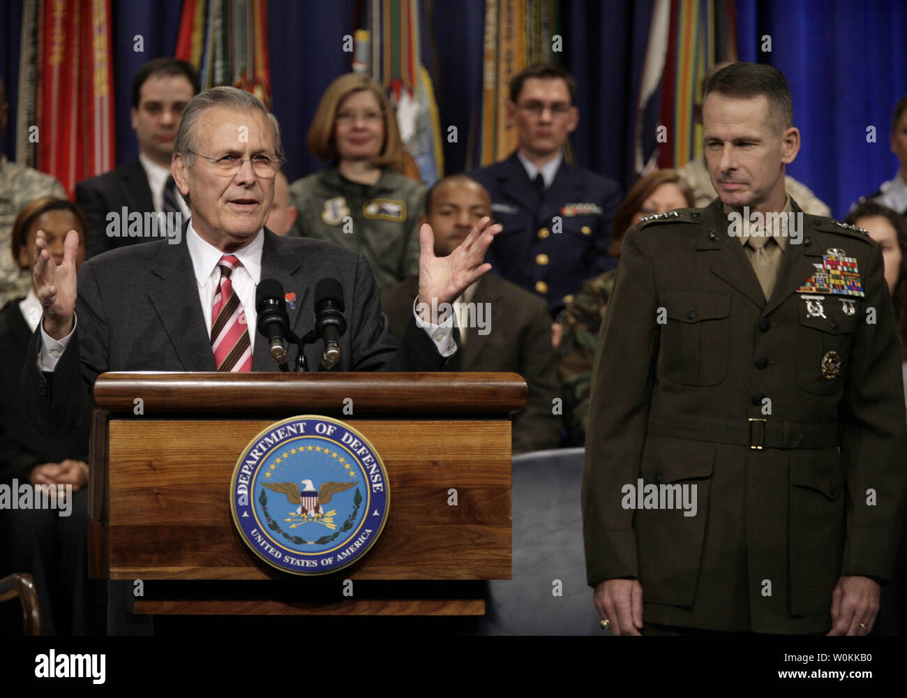 U.S. Defense Secretary Donald Rumsfeld, left, and General Peter Pace, Chairman of the Joint Chiefs of Staff, hold a Pentagon Town Hall meeting in Washington, December 15, 2005. (UPI Photo/Yuri Gripas) Stock Photo