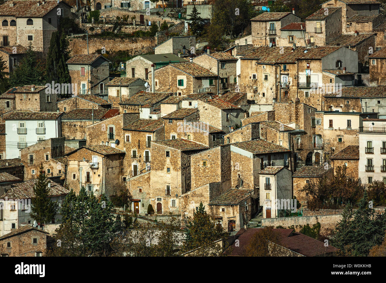 Stone houses in the ancient medieval village of Calascio illuminated by