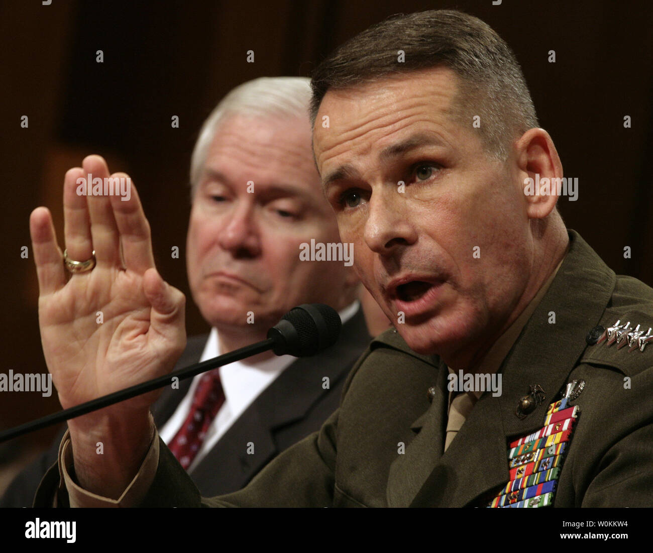 General Peter Pace, Chairman of the Joint Chiefs of Staff, (R) testifies with U.S. Defense Secretary Robert Gates before the Senate Armed Services Committee on Capitol Hill in Washington on January 12, 2007. (UPI Photo/Yuri Gripas) Stock Photo