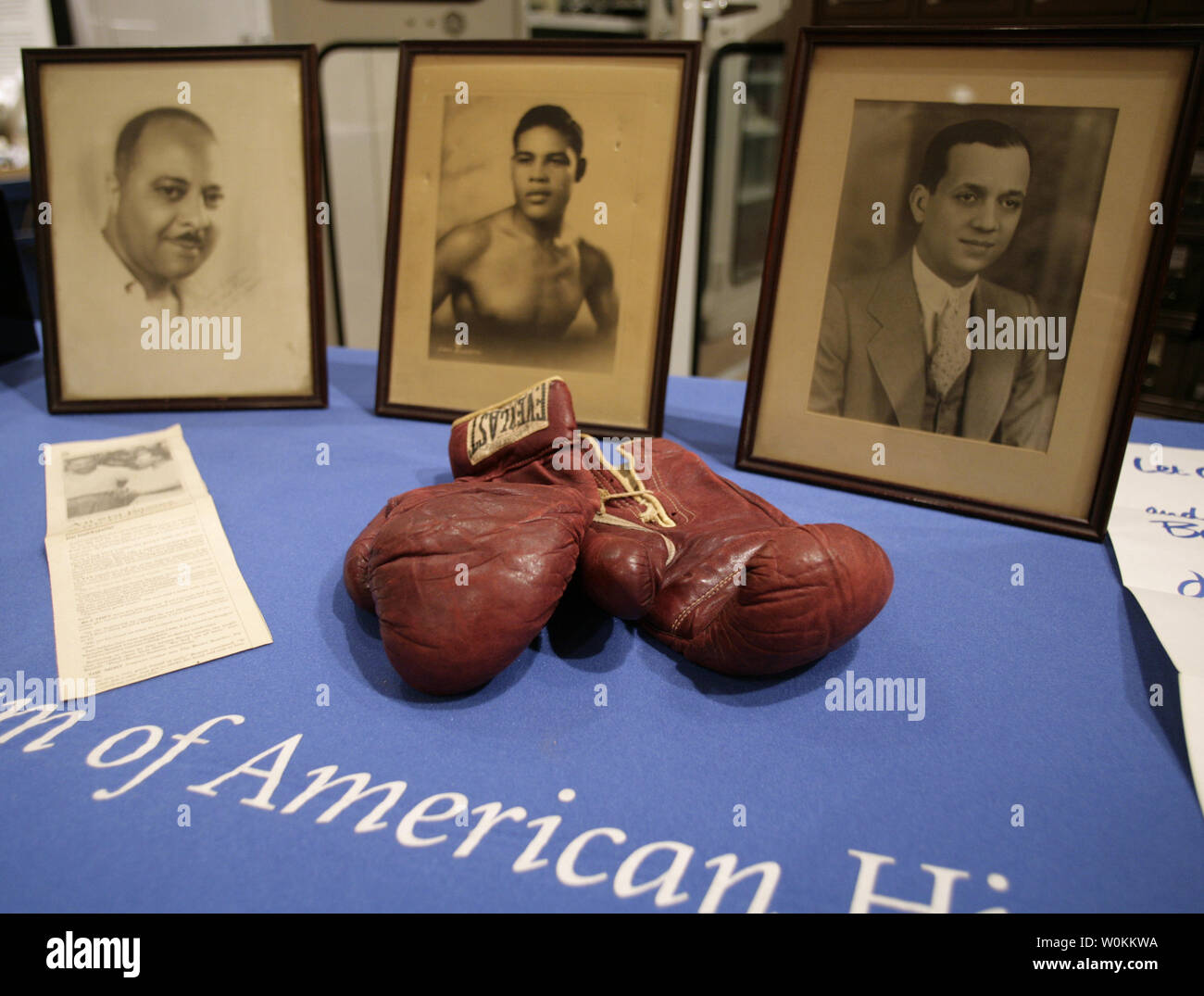 The boxing gloves of heavyweight champion Joe Louis have been donated to  the National Museum of American History in Washington on January 31, 2007.  The gloves were used in Louis' first fight, image size:1300x1075