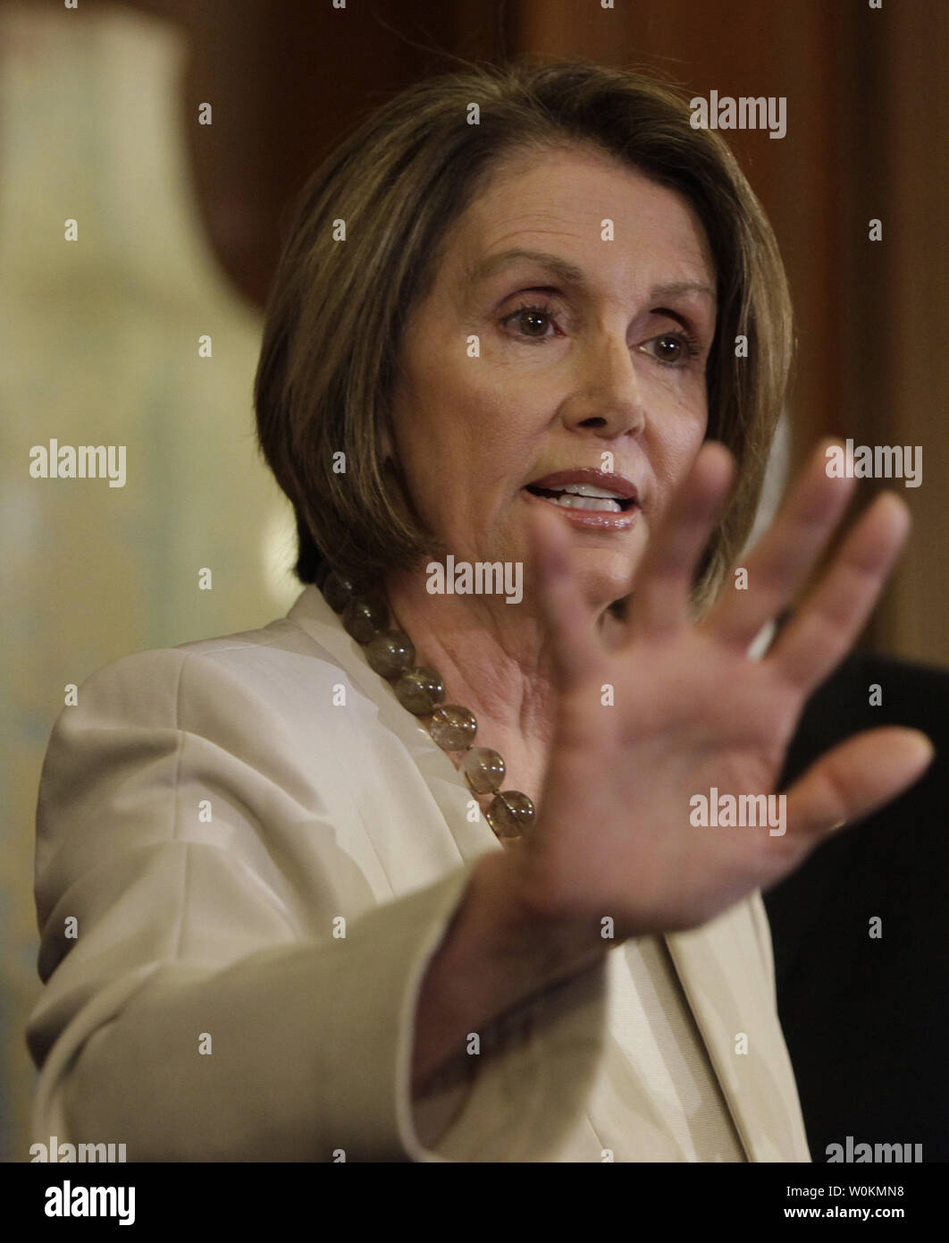 U.S. House Speaker Nancy Pelosi (DCA) speaks during a joint news