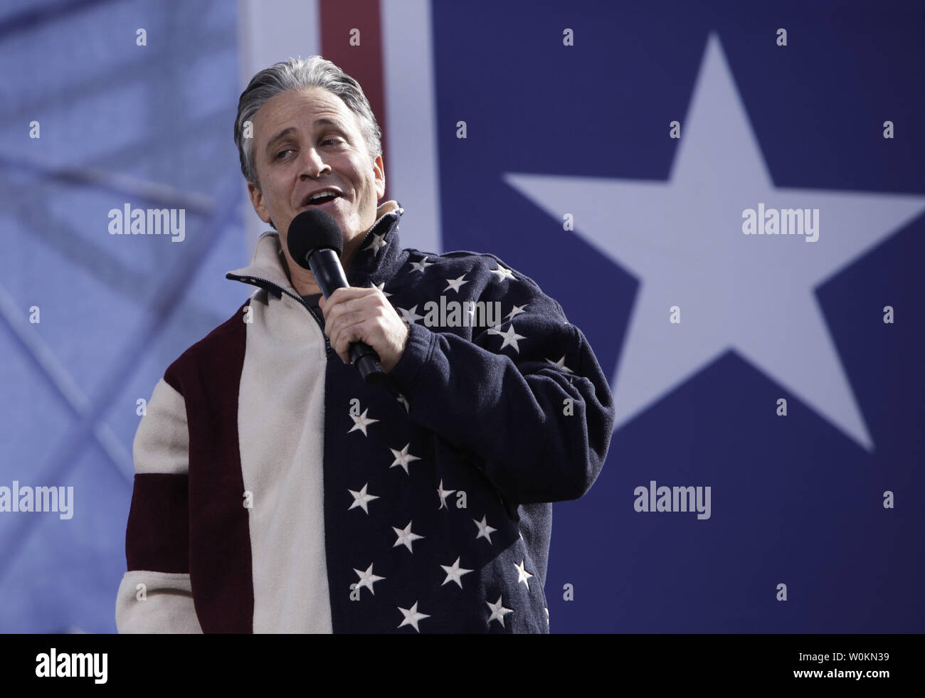 Comedy Central comedians Jon Stewart  performs during the 'Rally to Restore Sanity And/Or Fear' on the National Mall in Washington on October 30, 2010. UPI Photo/Yuri Gripas.. Stock Photo