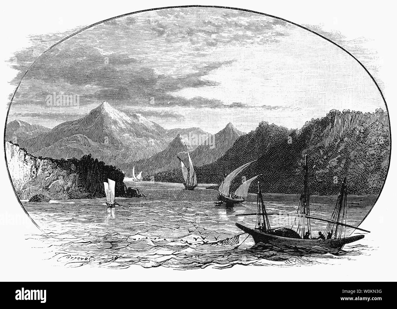 A 19th Century view of the site of  the naval Battle of Salamis fought in the straits between the mainland and Salamis, an island in the Saronic Gulf near Piraeus. The battle marked the high-point of the second Persian invasion of Greece was fought between an alliance of Greek city-states under Themistocles and the Persian Empire under King Xerxes I in 480 BC and resulted in a decisive victory for the outnumbered Greeks Stock Photo