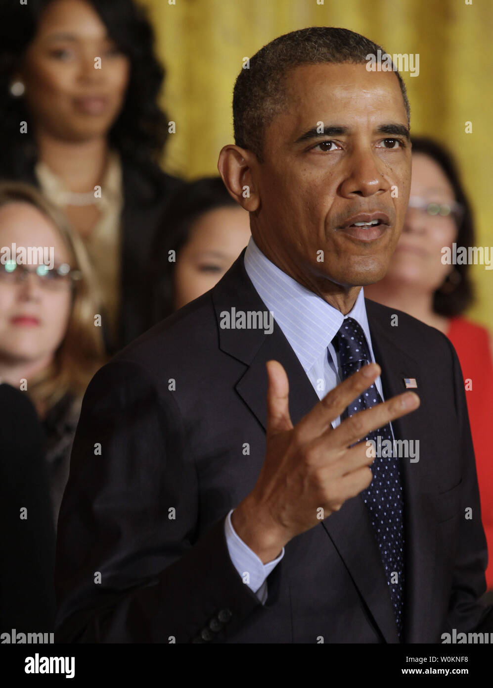 U.S. President Barack Obama delivers remarks on the Equal Pay Act at The White House in Washington on June 10, 2013. UPI/Yuri Gripas. Stock Photo