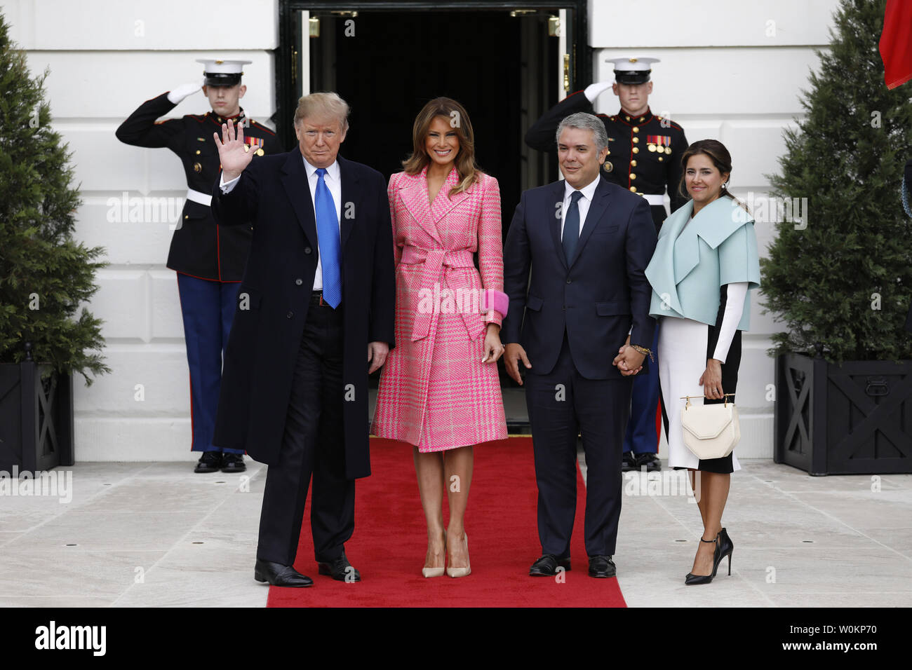 U.S. President Donald Trump (L) and First Lady Melania Trump welcome Colombian President Ivan Duque Marquez and Mrs. Ruiz Sandoval at the White House in Washington on February 13, 2019. Photo by Yuri Gripas/UPI Stock Photo