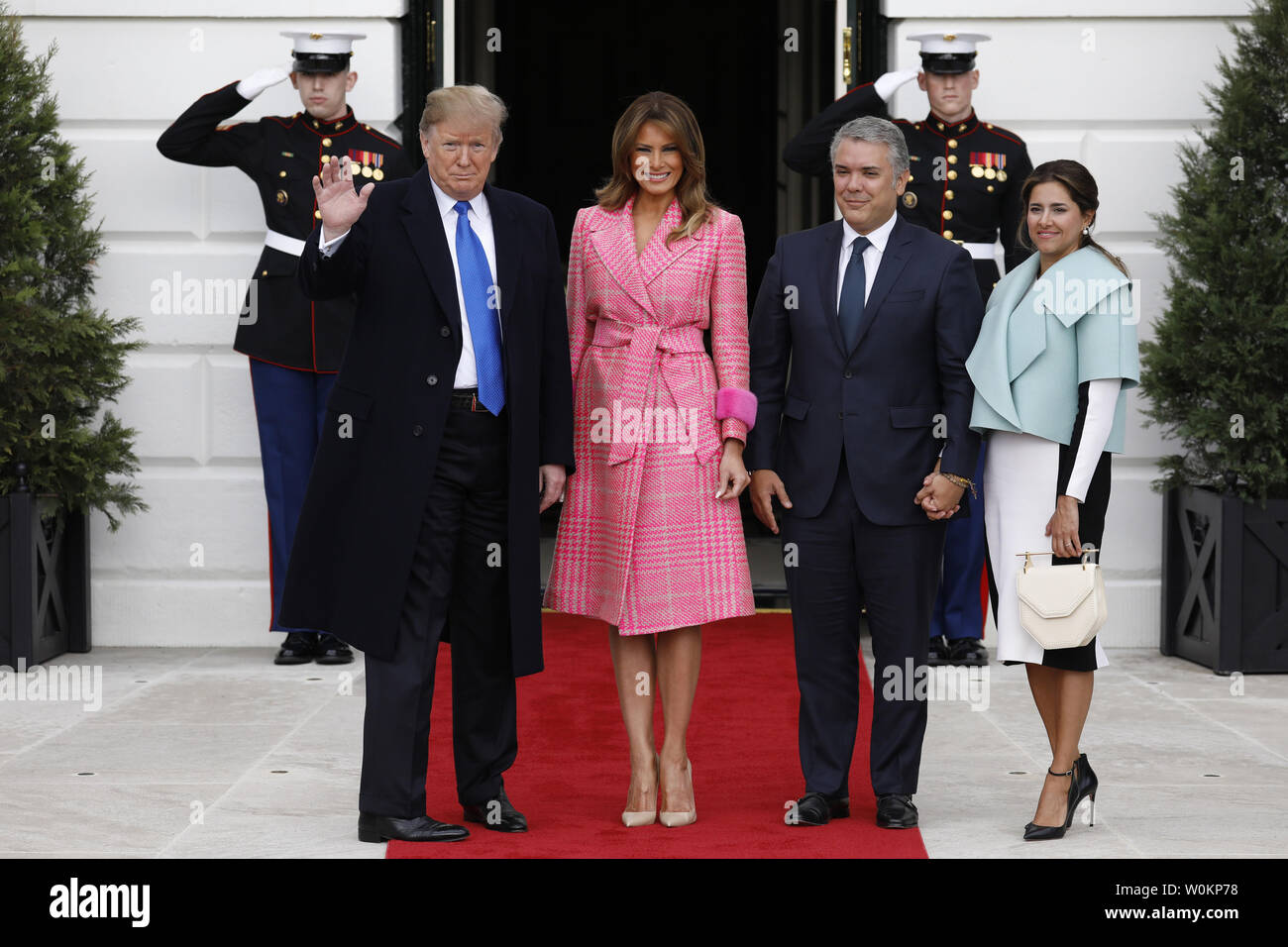 U.S. President Donald Trump (L) and First Lady Melania Trump welcome Colombian President Ivan Duque Marquez and Mrs. Ruiz Sandoval at the White House in Washington on February 13, 2019. Photo by Yuri Gripas/UPI Stock Photo