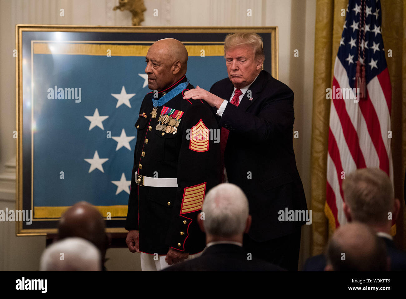 President Donald Trump awards the Medal of Honor to Sgt. Major John L. Canley, a retired member of the U.S. Marine Corps, during a ceremony at the White House in Washington, D.C. on October 17, 2018. Canley was honored for his heroic actions in Vietnam War in 1968. Photo by Kevin Dietsch/UPI Stock Photo
