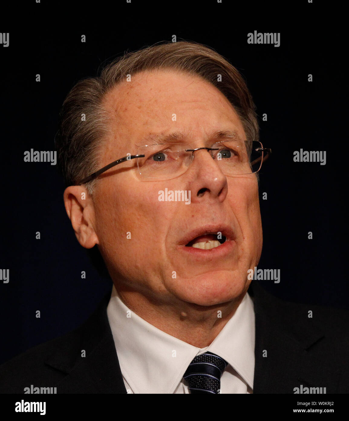 National Rifle Association (NRA) CEO Wayne LaPierre speaks during a press conference in Washington, DC, December 21, 2012.   Today marks one week since the Sandy Hook elementary  school masacre in Newtown, Connecticut where 20 children and 6 adults were killed in one of the deadliest school shootings in U.S. history.  UPI/Molly Riley Stock Photo