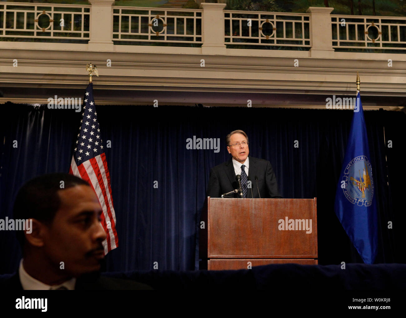 National Rifle Association (NRA) CEO Wayne LaPierre speaks during a press conference in Washington, DC, December 21, 2012.   Today marks one week since the Sandy Hook elementary  school masacre in Newtown, Connecticut where 20 children and 6 adults were killed in one of the deadliest school shootings in U.S. history.  UPI/Molly Riley Stock Photo