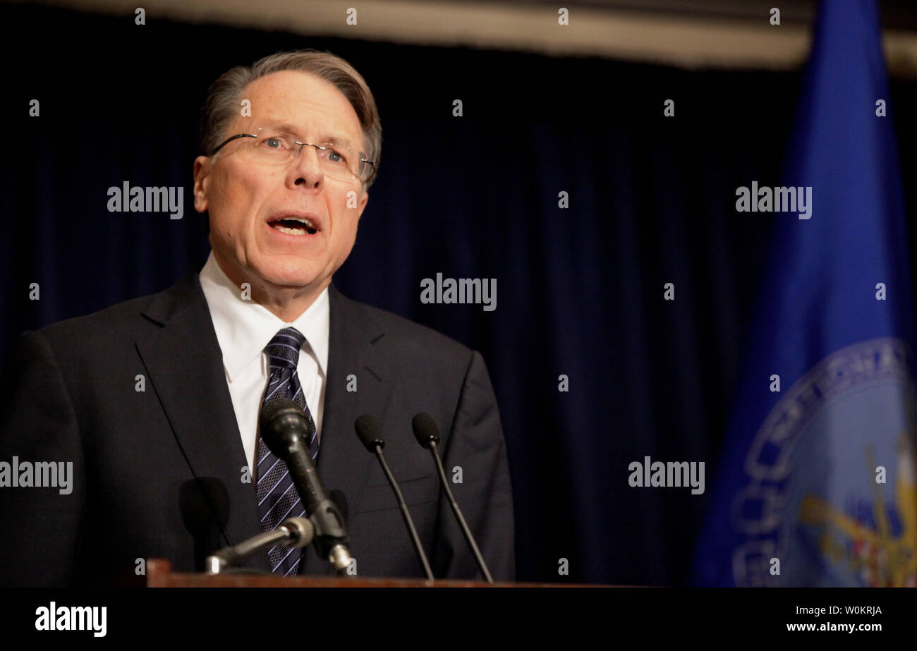 National Rifle Association (NRA) CEO Wayne LaPierre speaks during a press conference in Washington, DC, December 21, 2012.   Today marks one week since the Sandy Hook elementary  school masacre in Newtown, Connecticut where 20 children and 6 adults were killed in one of the deadliest school shootings in U.S. history.  UPI/Molly Riley Stock Photo