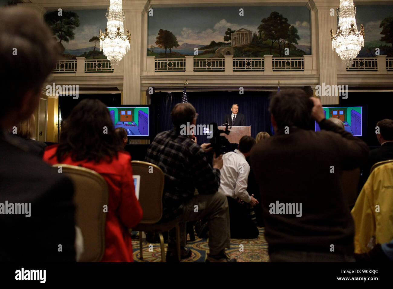 National Rifle Association (NRA) CEO Wayne LaPierre speaks during a press conference in Washington, DC, December 21, 2012.   Today marks one week since the Sandy Hook elementary  school masacre in Newtown, Connecticut where 20 children and 6 adults were killed in one of the deadliest school shootings in U.S. history.  UPI/Molly Riley Stock Photo