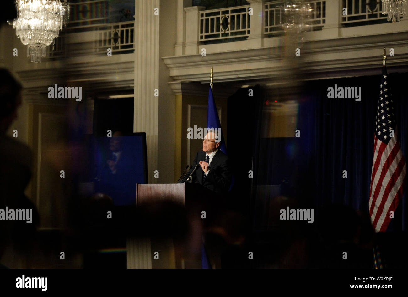 National Rifle Association (NRA) CEO Wayne LaPierre is reflected in a mirror while he speaks during a press conference in Washington, DC, December 21, 2012.   Today marks one week since the Sandy Hook elementary  school masacre in Newtown, Connecticut where 20 children and 6 adults were killed in one of the deadliest school shootings in U.S. history.  UPI/Molly Riley Stock Photo