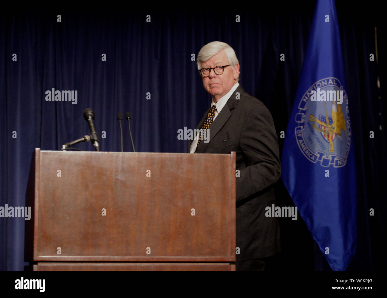 National Rifle Association (NRA) President David Keene arrives for  a press conference in Washington, DC, December 21, 2012.   Today marks one week since the Sandy Hook elementary  school masacre in Newtown, Connecticut where 20 children and 6 adults were killed in one of the deadliest school shootings in U.S. history.  UPI/Molly Riley Stock Photo