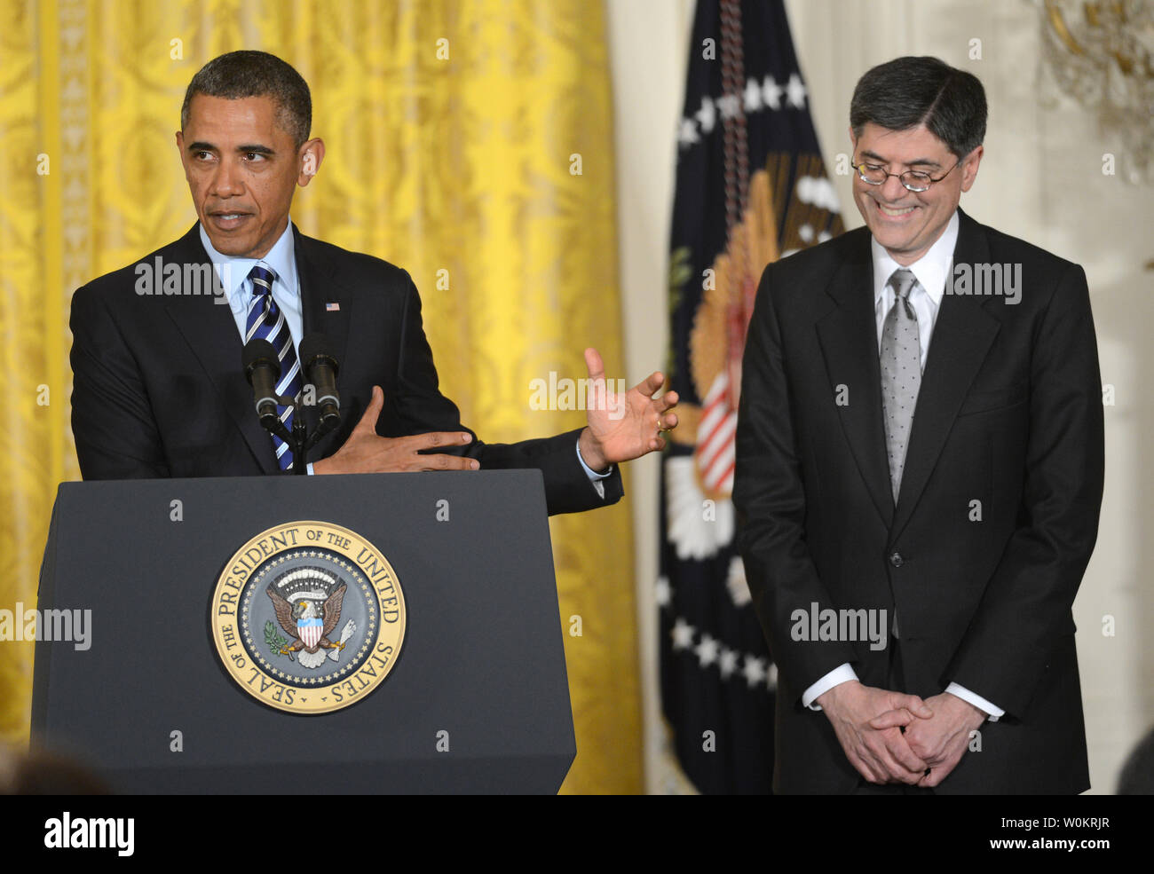 President Barack Obama nominates Jack Lew as the new Treasury Secretary to replace Tim Geithner in the East Room of the White House in Washington, DC on January 10, 2013.    UPI/Pat Benic Stock Photo