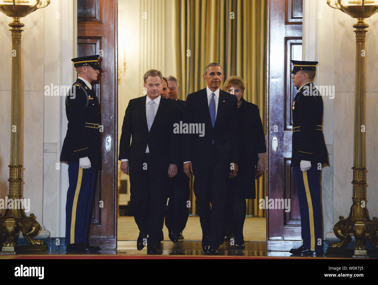 U.S. President Barack Obama (R) escorts Finland President Sauli Niinisto (L) and other Nortic leaders Iceland Prime Minister Sigurdur Ingi Johannsson, Denmark Prime Minister Lars Lokke Rasmussen, Sweden Prime Minister Stefan Lofven and Norway Prime Minister Erna Solberg in in the Cross Hall during official welcoming ceremonies at the White House in Washington, D.C. on May 13, 2016.     Photo by Pat Benic/UPI Stock Photo