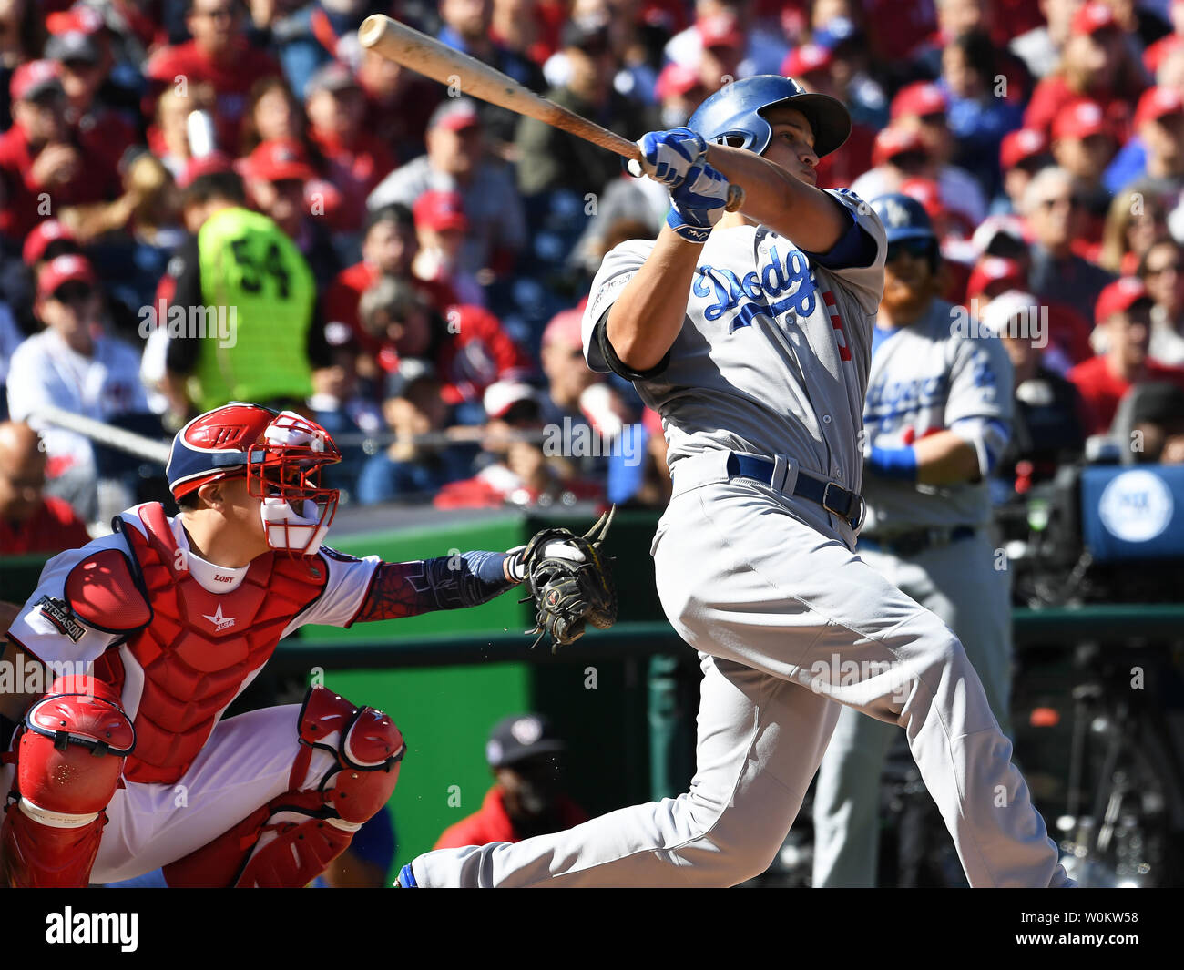 Los Angeles Dodgers shortstop Corey Seager connects on a solo first inning home run against the Washington Nationals in game 2 of the National League Division Series in Washington, D.C., October 9, 2016. Los Angeles leads the series 1-0 over Washington.   Photo by Pat Benic/UPI Stock Photo
