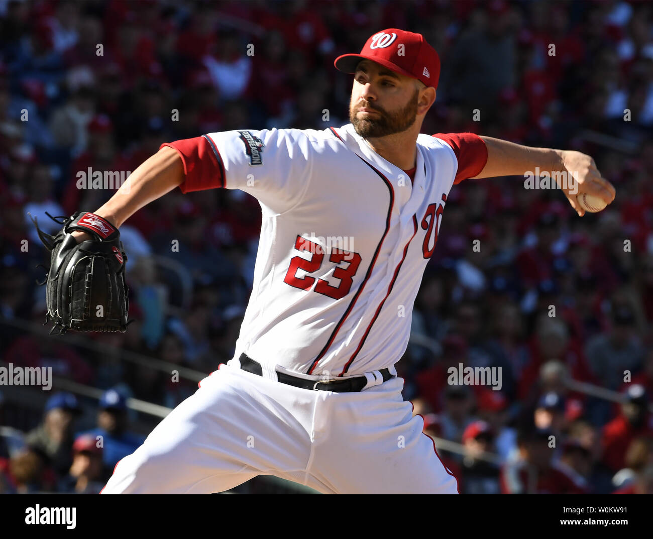 Washington Nationals relief pitcher Marc Rzepczynski throws in the sixth inning against the Los Angeles Dodgers in game 2 of the National League Division Series at Nationals Park in Washington, D.C., October 9, 2016. Los Angeles leads the series 1-0 over Washington.   Photo by Pat Benic/UPI Stock Photo