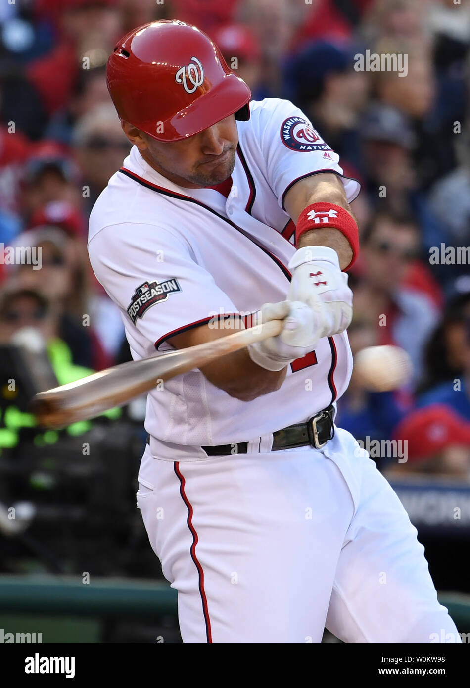 Washington Nationals first baseman Ryan Zimmerman singles against the Los Angeles Dodgers during the sixth inning in game 2 of the National League Division Series at Nationals Park in Washington, D.C., October 9, 2016. Los Angeles leads the series 1-0 over Washington.   Photo by Pat Benic/UPI Stock Photo