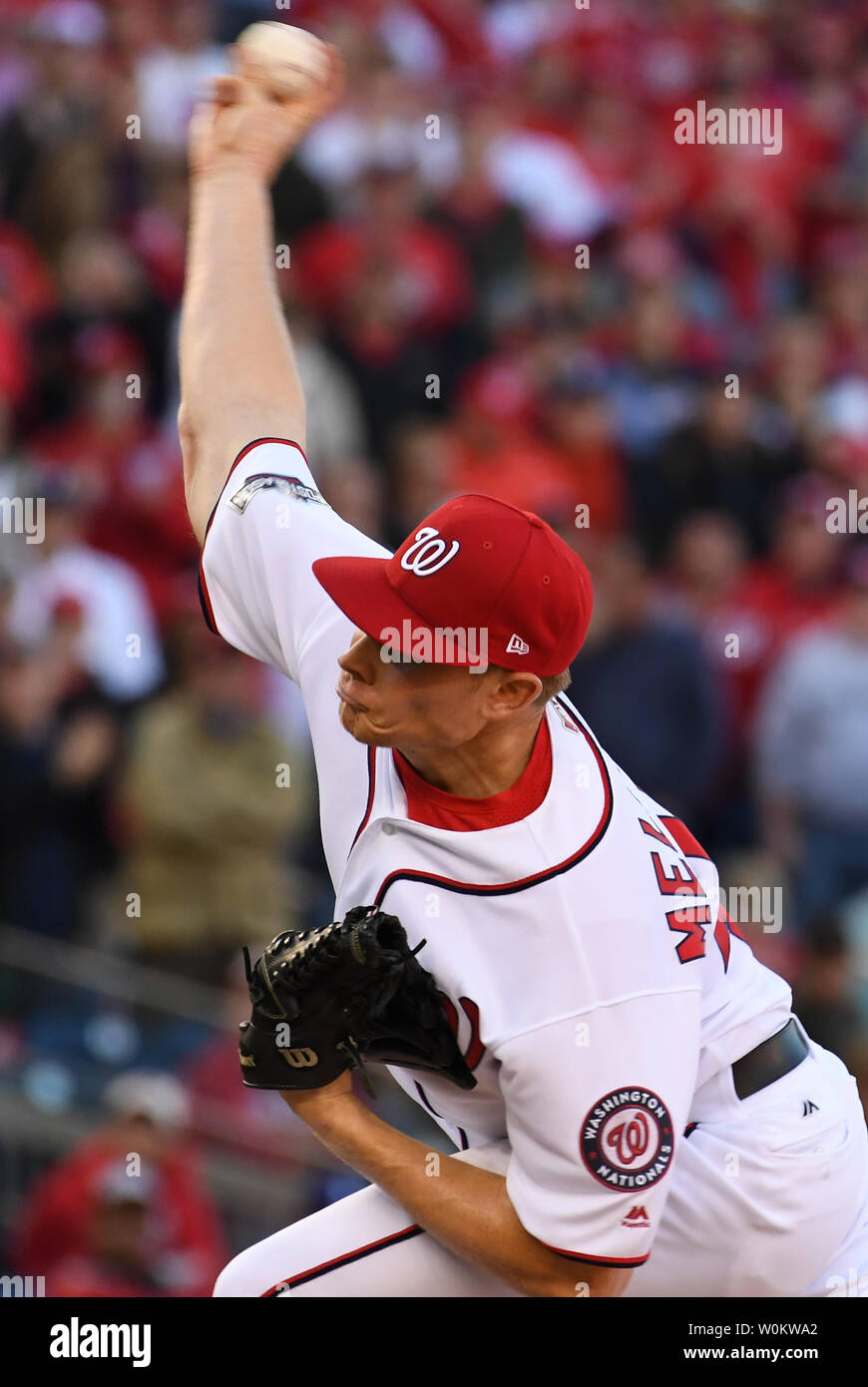 Washington Nationals closer Mark Melancon throws against the Los Angeles Dodgers during the ninth inning in game 2 of the National League Division Series at Nationals Park in Washington, D.C., October 9, 2016. Washington beat Los Angeles 5-2 to even the NLDS at 1-1.  Photo by Pat Benic/UPI Stock Photo