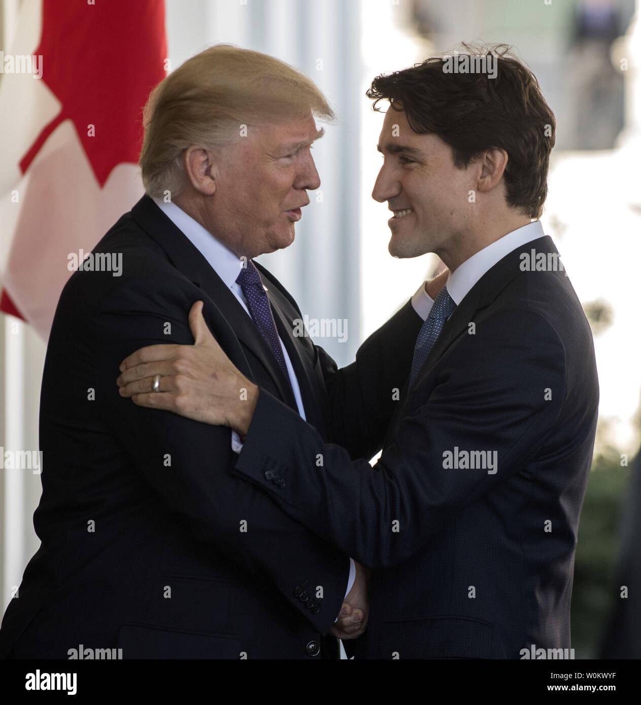 U.S. President Donald Trump greets Canada's Prime Minister Justin Trudeau to the West Wing of the White House in Washington D.C. on February 13, 2017. The two leaders will have meetings and a press conference later in the day.   Photo by Pat Benic/UPI Stock Photo