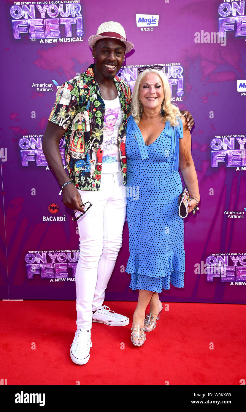 Ben Ofoedu and Vanessa Feltz arriving for the press night for On Your Feet! at the London Coliseum, central London. Stock Photo