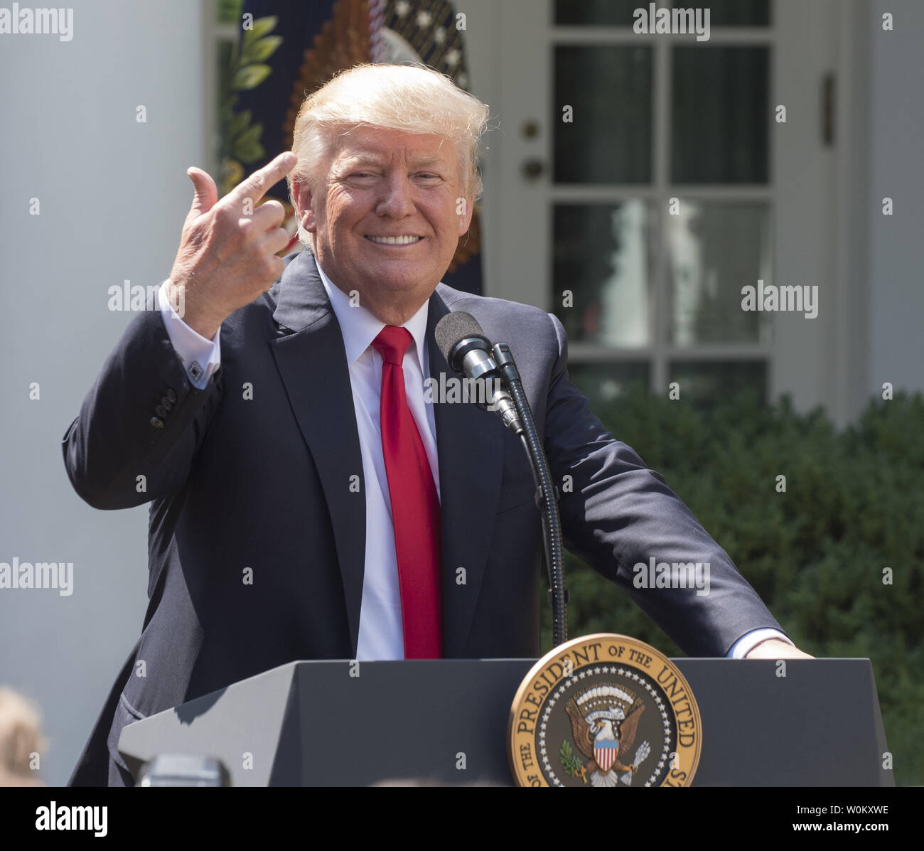 U.S. President Donald Trump makes comments during an event with American Legion Boys Nation and the American Legion Auxiliary Girls Nation in the Rose Garden of the White House in Washington, DC on July 26, 2017.    Photo by Pat Benic/UPI Stock Photo