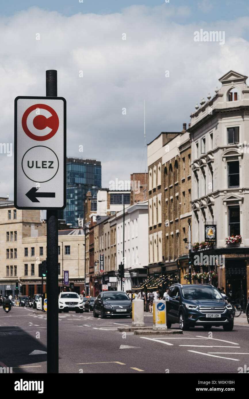 London, UK - June 22, 2019: Sign indicating the direction of Ultra Low Emission Zone (ULEZ) on a street in London. ULEZ was introduced in 2019 to help Stock Photo