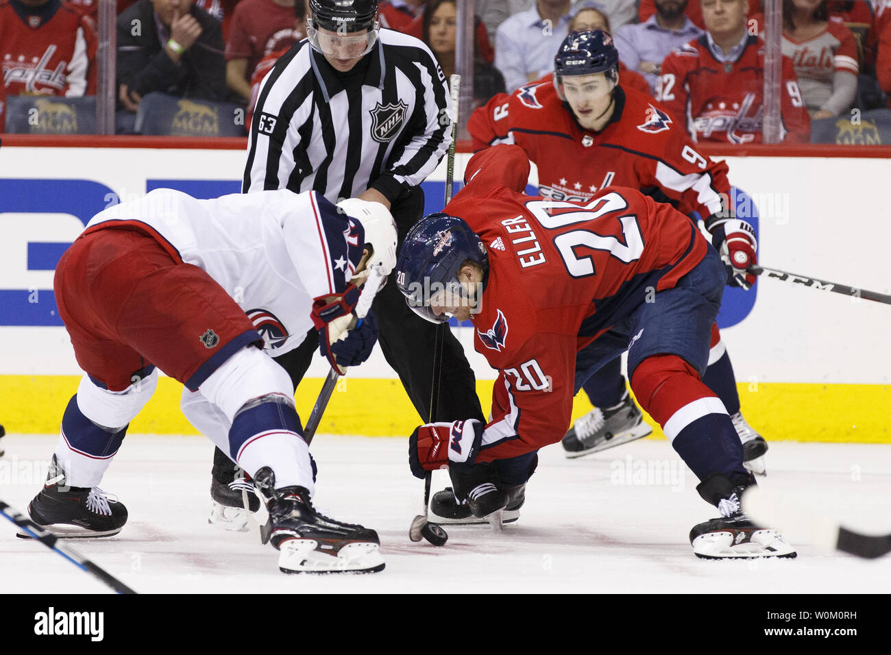 Capitals center Lars Eller (20) wins a faceoff during the NHL playoff