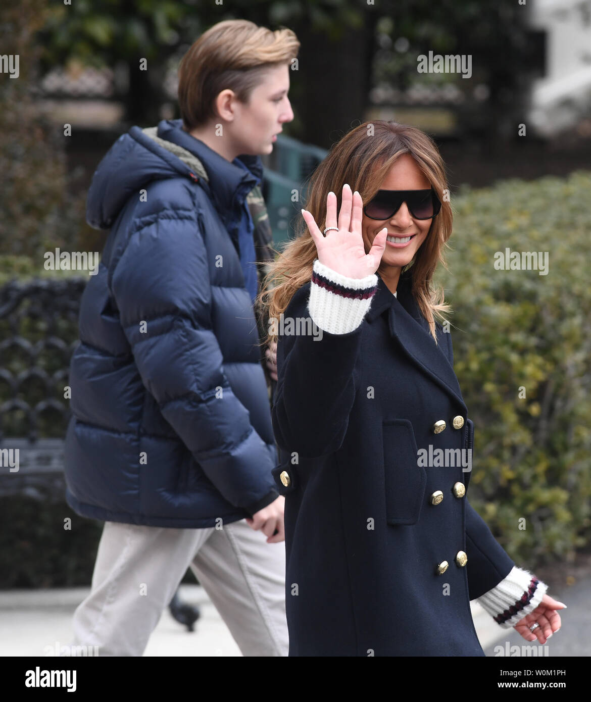 First lady Melania Trump and son Barron depart with President Donald Trump (not shown) via Marine One on the South Lawn of the White House in Washington, DC on March 8, 2019.   The president will stop in Alabama on his way to Mar-a-Lago, Florida for the weekend.     Photo by Pat Benic/UPI Stock Photo
