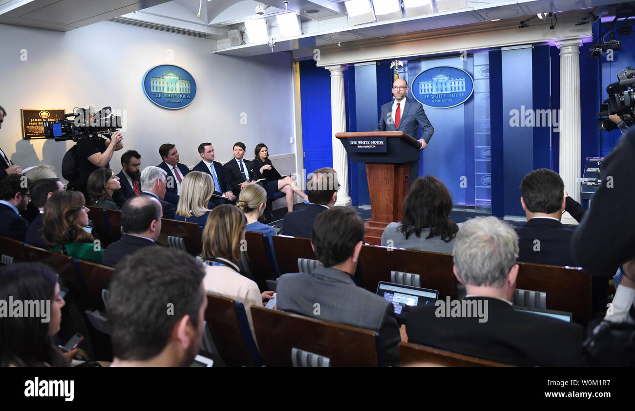 Office of Management and Budget Acting Director Russell Vought discusses the Federal Fiscal 2020 Budget in the Brady Press Briefing room at the White House in Washington, DC on March 11, 2019.   Vought discussed the controversial Federal Fiscal 2020 Budget that calls for cuts in social programs while adding to the deficit.   Photo by Pat Benic/UPI Stock Photo