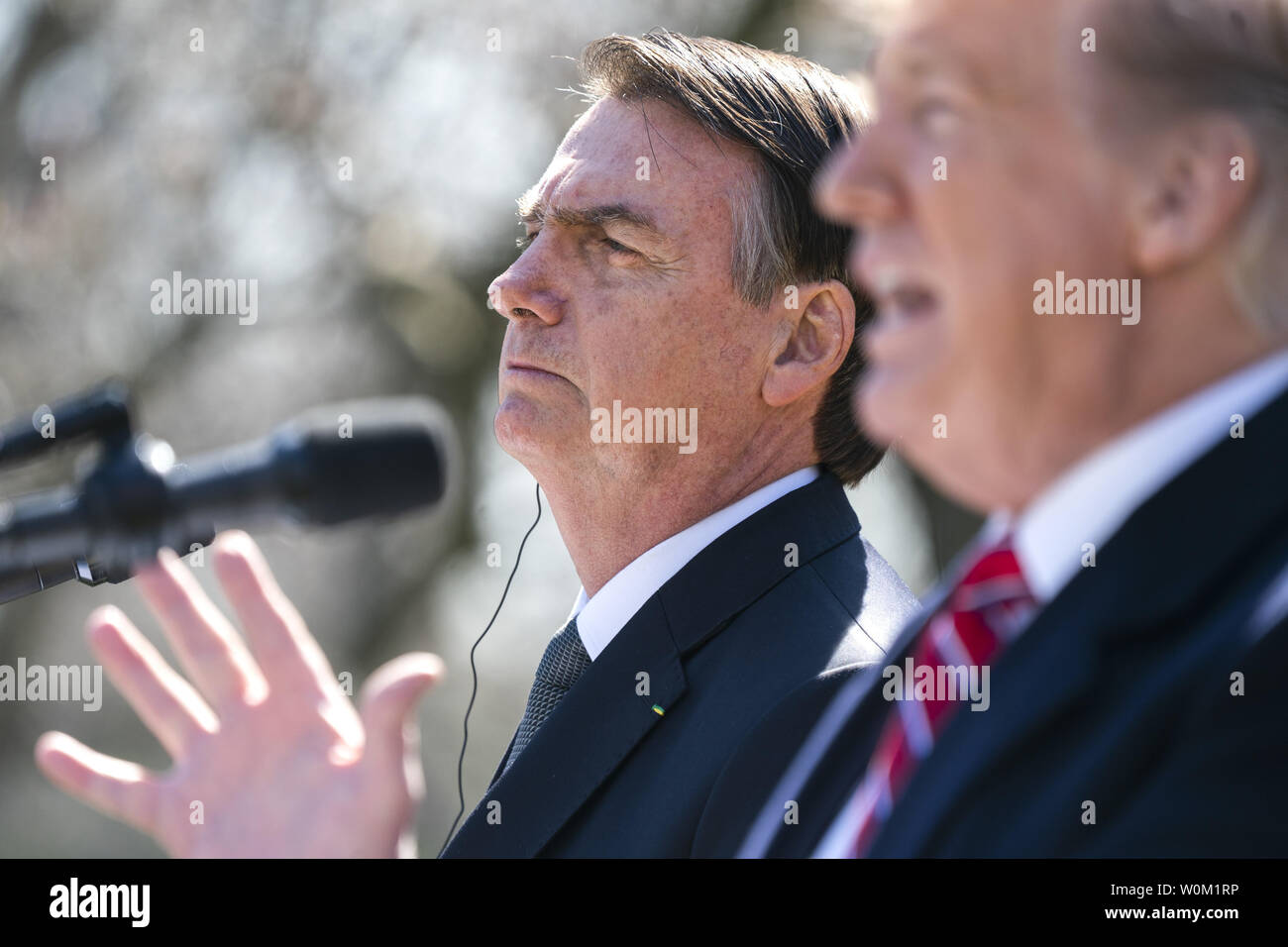 President Donald Trump speaks as Brazilian President Jair Bolsonaro listens during joint press conference in the Rose Garden of the Washington, DC on March 19, 2019.     Photo by Jim Lo Scalzo/UPI Stock Photo