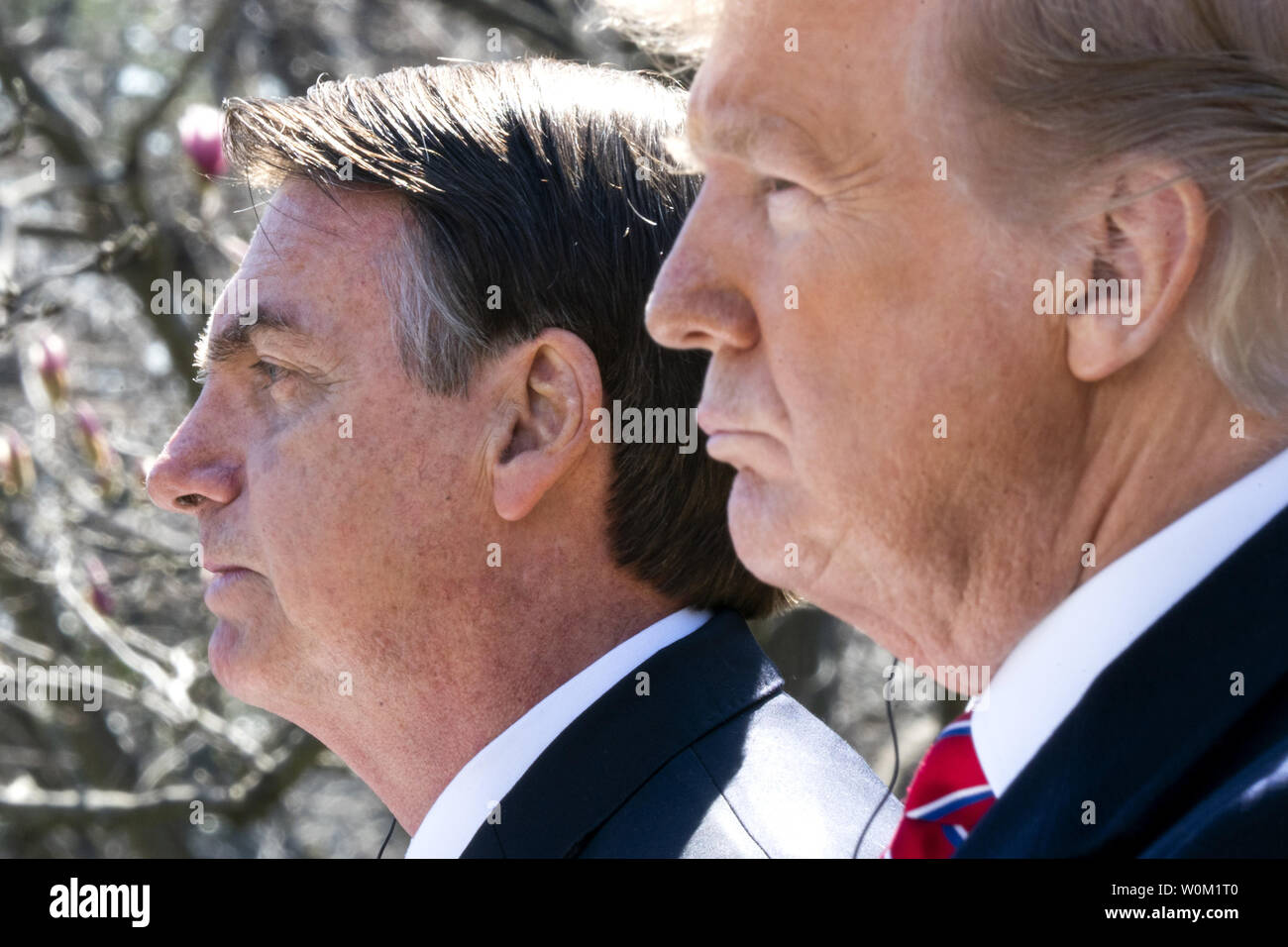 President Donald Trump and Brazilian President Jair Bolsonaro listen to reporter's questions during joint press conference in the Rose Garden of the Washington, DC on March 19, 2019.     Photo by Jim Lo Scalzo/UPI Stock Photo