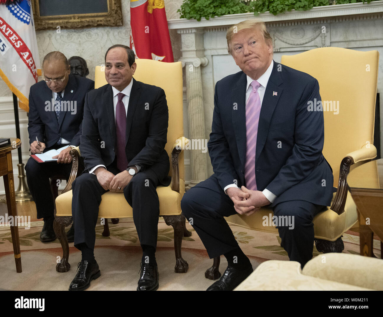 President Donald Trump (R) meets with Egyptian President Abdel Fattah el-Sisi in the Oval Office of the White House in Washington, DC on April 9, 2019.  El-Sisi is visiting the White House for talks.     Photo by Ron Sachs/UPI Stock Photo