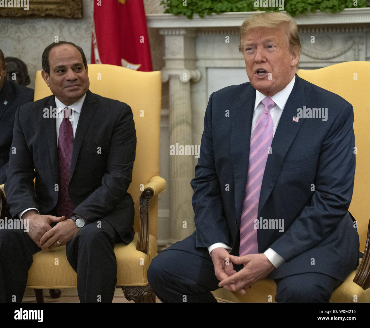 President Donald Trump (L) meets with Egyptian President Abdel Fattah el-Sisi in the Oval Office of the White House in Washington, DC on April 9, 2019.  El-Sisi is visiting the White House for talks.     Photo by Ron Sachs/UPI Stock Photo