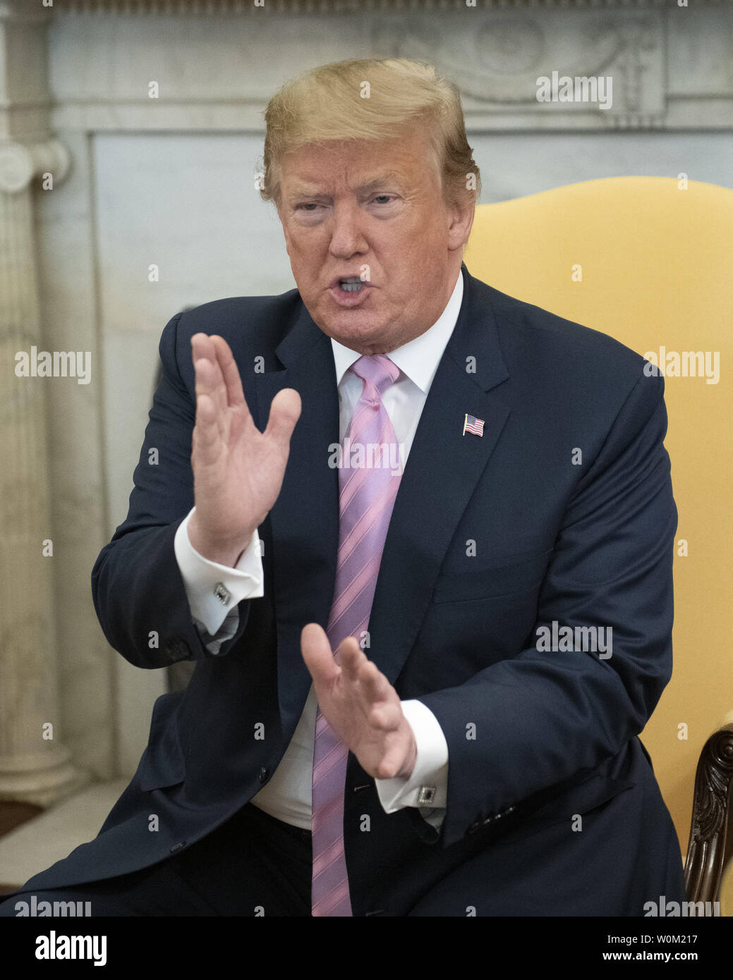 President Donald Trump meets with Egyptian President Abdel Fattah el-Sisi (not shown) in the Oval Office of the White House in Washington, DC on April 9, 2019.  El-Sisi is visiting the White House for talks.     Photo by Ron Sachs/UPI Stock Photo