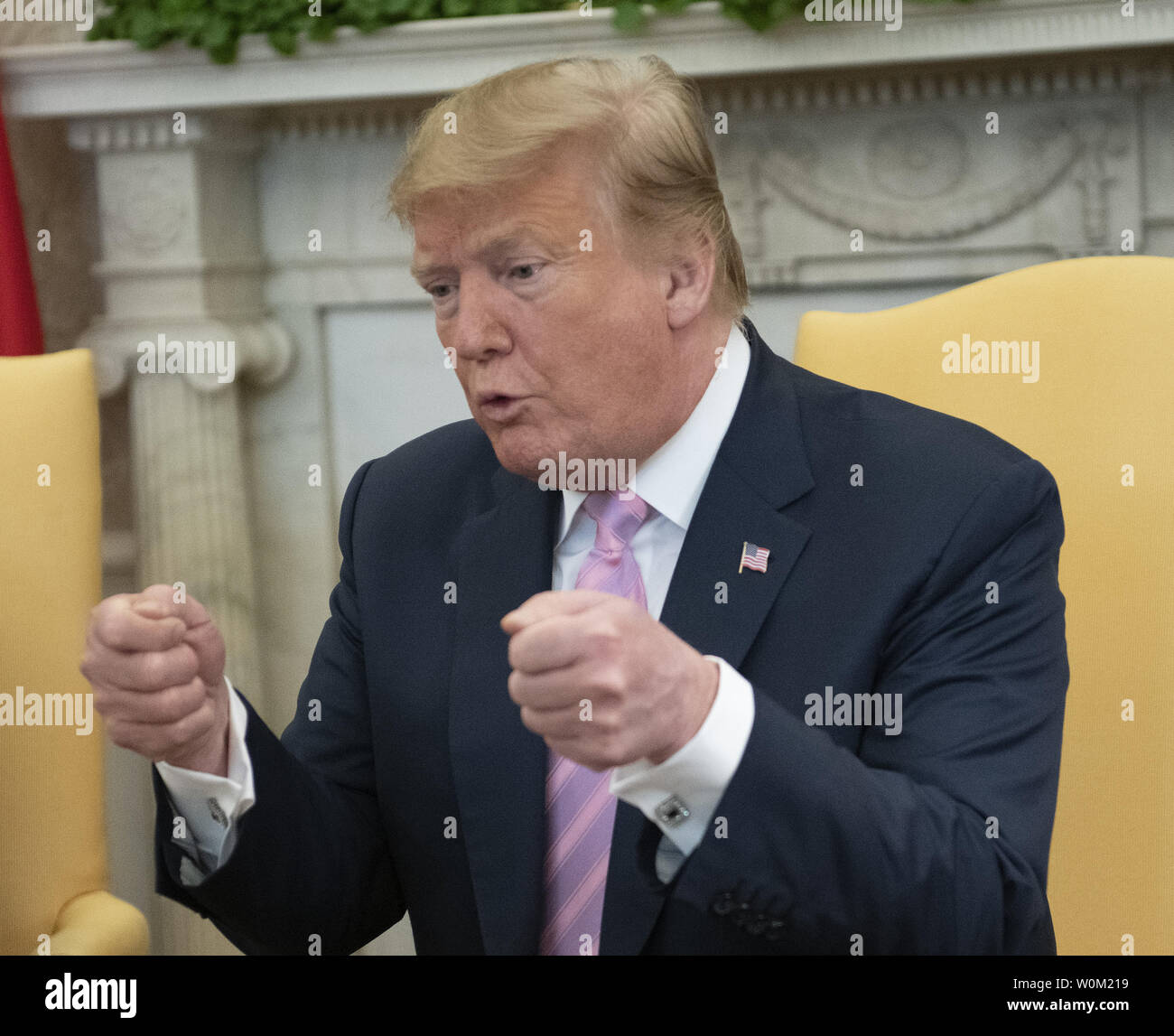President Donald Trump (L) meets with Egyptian President Abdel Fattah el-Sisi (not shown) in the Oval Office of the White House in Washington, DC on April 9, 2019.  El-Sisi is visiting the White House for talks.     Photo by Ron Sachs/UPI Stock Photo