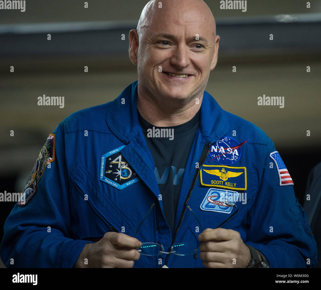 Expedition 46 Commander Scott Kelly of NASA is seen after returning to Ellington Field, Thursday, March 3, 2016 in Houston, Texas after his return to Earth the previous day. Kelly and Flight Engineers Mikhail Kornienko and Sergey Volkov of Roscosmos landed in their Soyuz TMA-18M capsule in Kazakhstan on March 1 (Eastern time). Kelly and Kornienko completed an International Space Station record year-long mission as members of Expeditions 43, 44, 45, and 46 to collect valuable data on the effect of long duration weightlessness on the human body that will be used to formulate a human mission to M Stock Photo